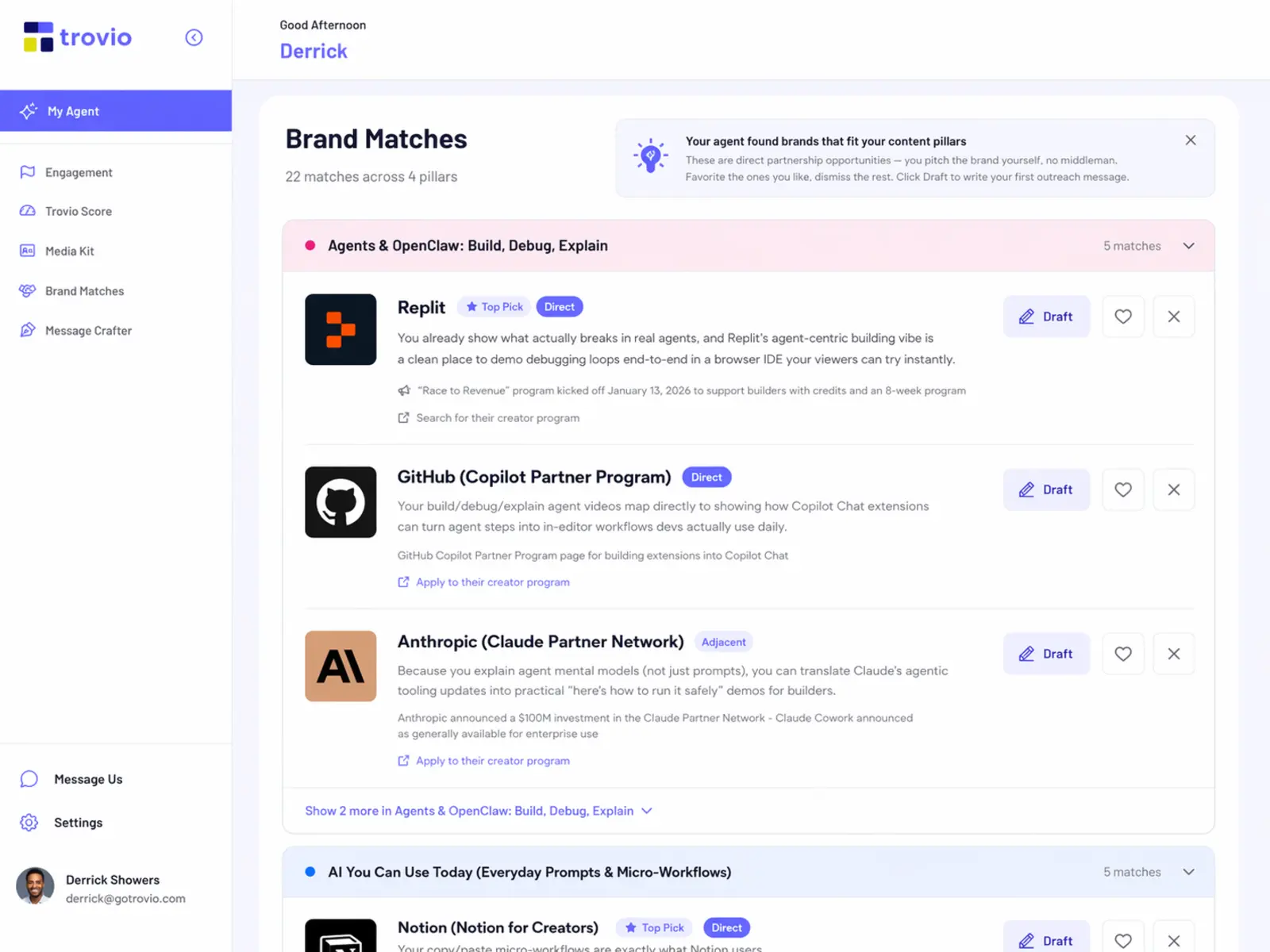Trovio brand matcher showing pillar-grouped brand matches with tier badges