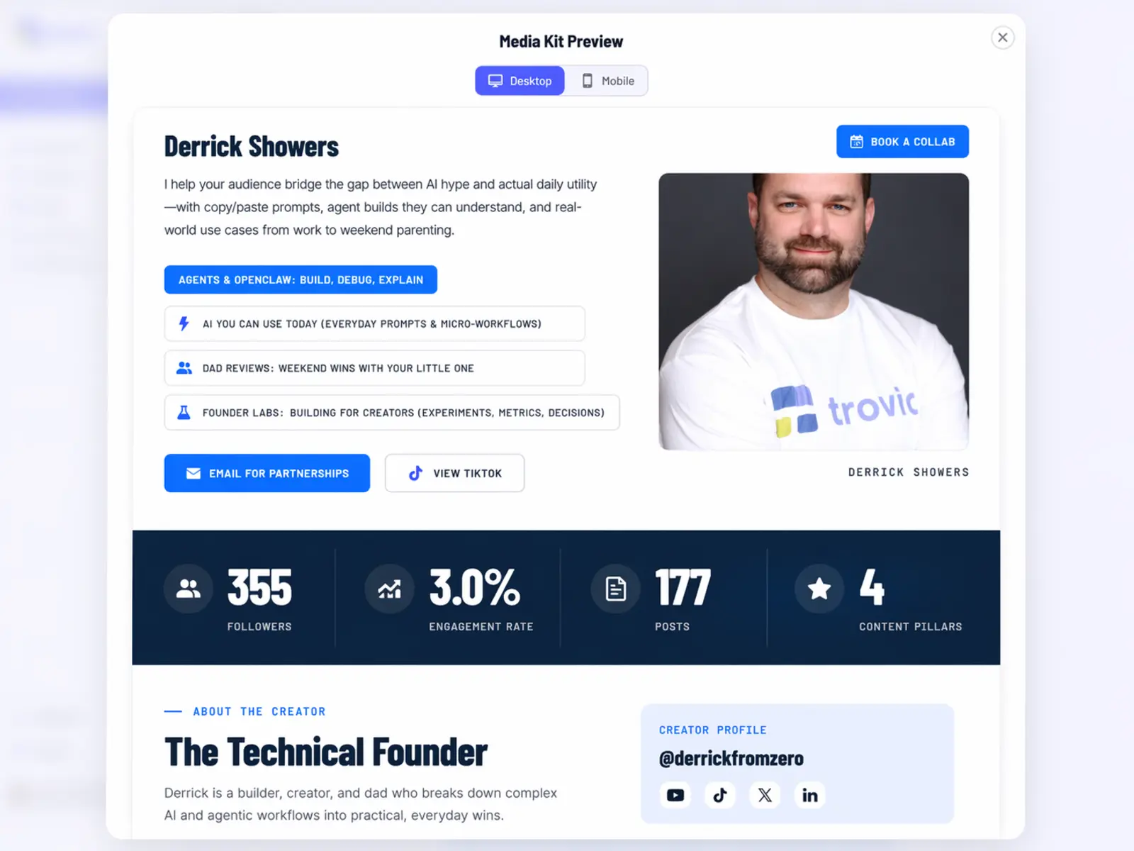 Trovio media kit builder with color picker and live preview