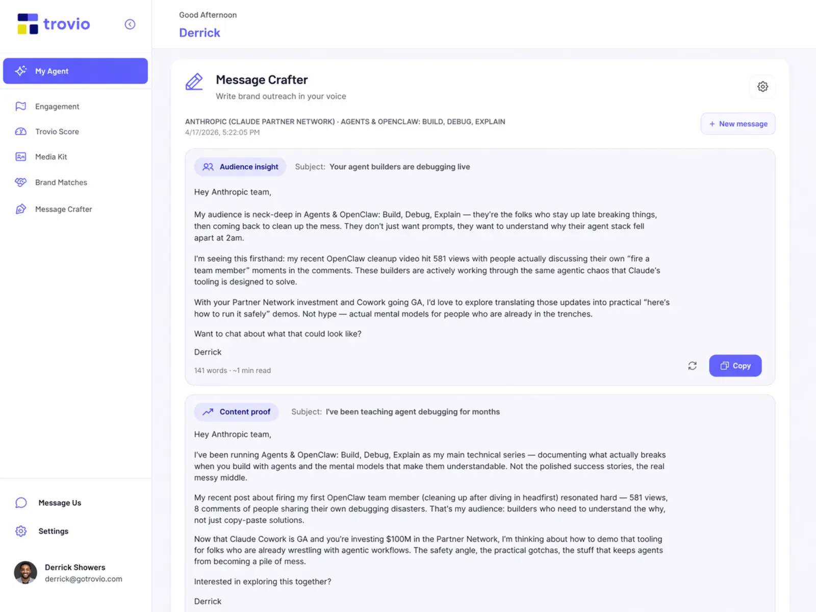 Trovio message crafter with three pitch variation cards